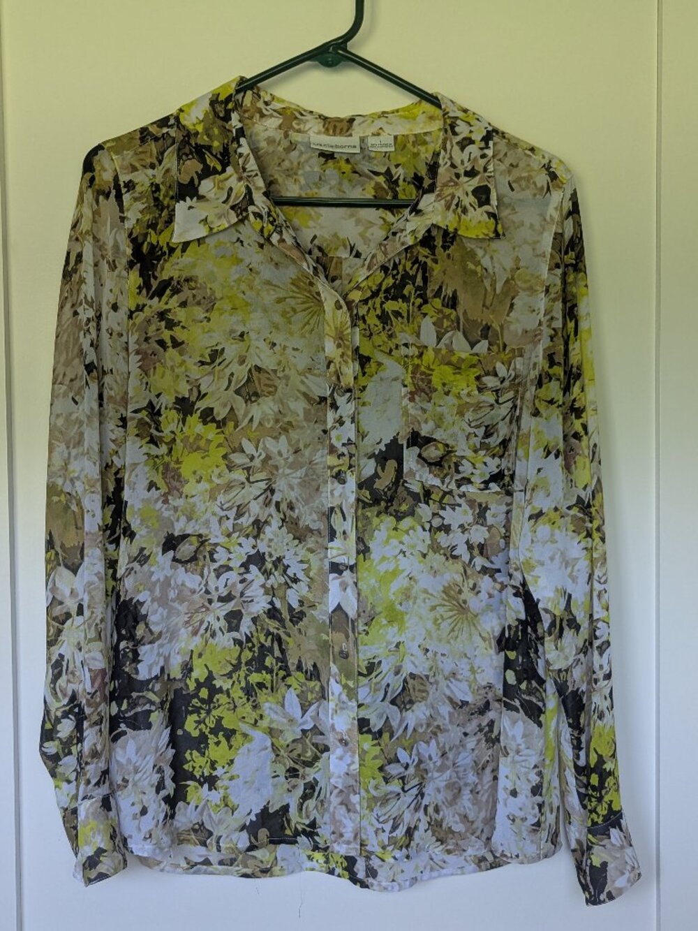 Liz Claiborne Sheer Botanical Blouse Size Large | Brown & Gold Foliage
